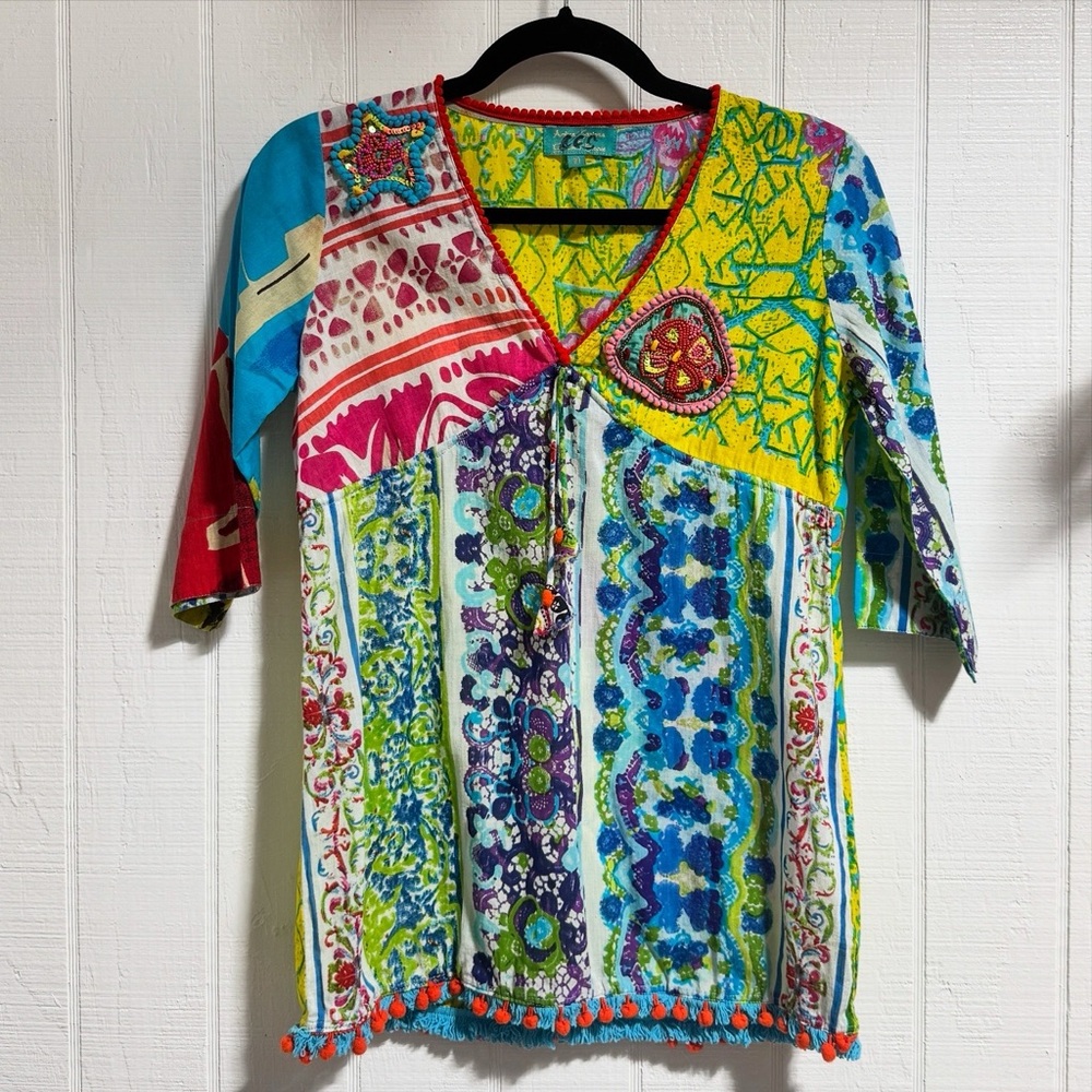 Colorful Patchwork V-Neck Blouse - image 1